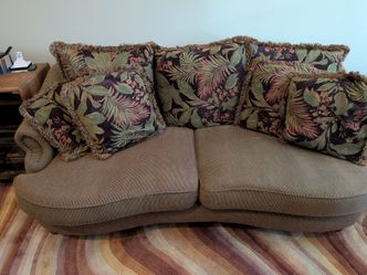 Curved Loveseat Sofa with Tropical Throw Pillows and Matching Chair