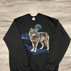 Vintage 1987 Wolf Moon Graphic  Black Crewneck Sweatshirt USA - L /XL 80s