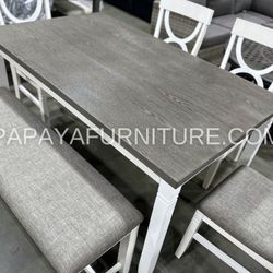 New! 6pcs White Rustic Dining Set, Dinette Set, Kitchen Table And Chairs, Table, Chairs, Bench, Casual Dining Set, Rectangular Dining Table, Dining Ro