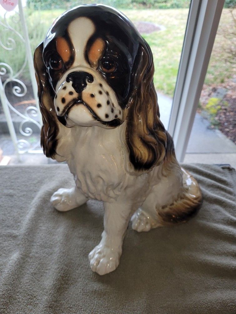 Rare Vintage Ceramic King Charles Spaniel Statue 16 Inches Tall with Glossy Finish