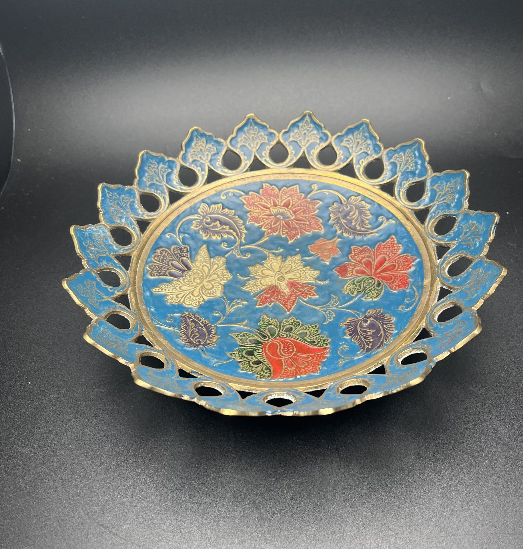 Vintage Brass Enamel Pierced Pedestal Bowl Floral Boho Cottage Core Unique RARE?