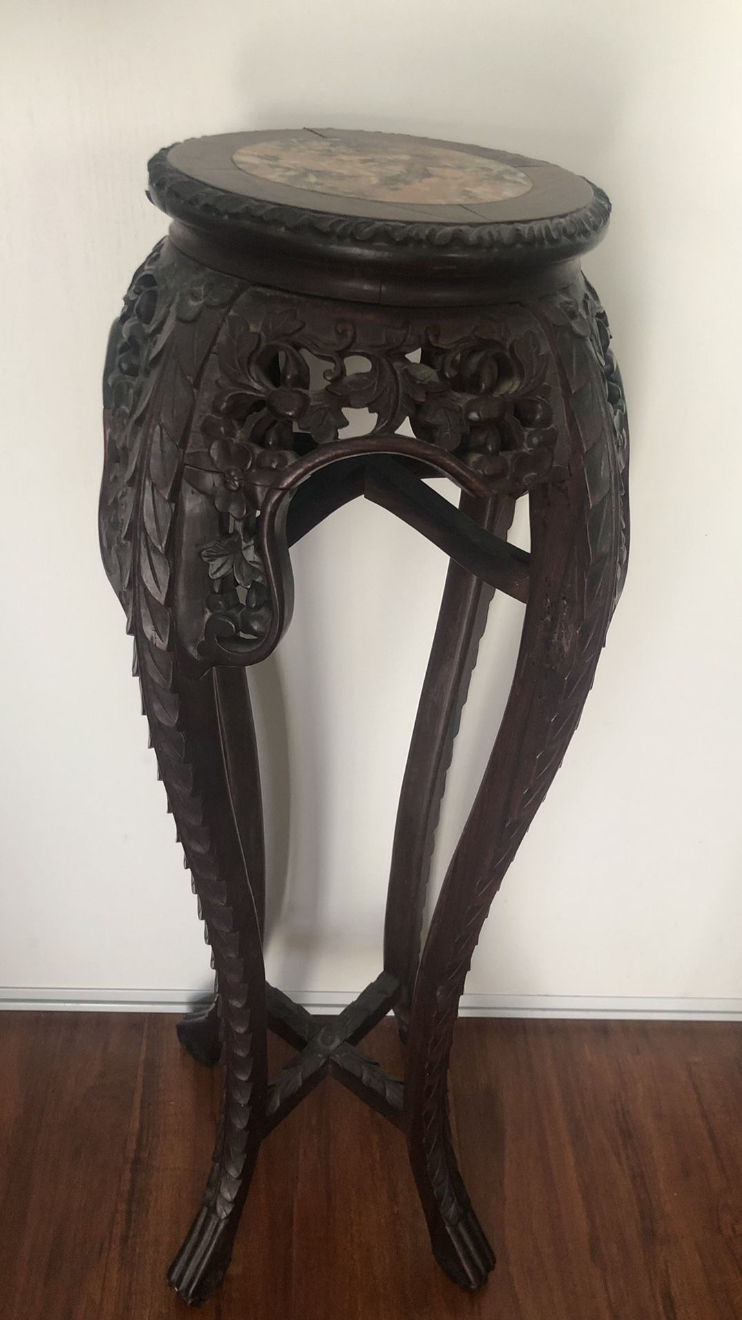 Chinese Carved Tall Rosewood Plant Stand Table With Marble Top