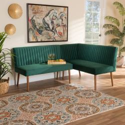 Emerald Green Velvet Dining Nook Banquette Set with Walnut Wood Finish, 2-Piece