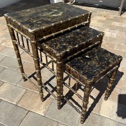 Vintage Hollywood Regency Faux Bamboo Tortoiseshell Nesting Tables – Set of 3