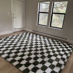8’x10’ Checkered Rug, Olive Green, White, Super Soft And Fluffy