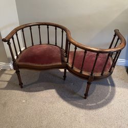 Antique Wood Tete a Tete Red Burgundy Velvet Cushioned Double Seated Chair