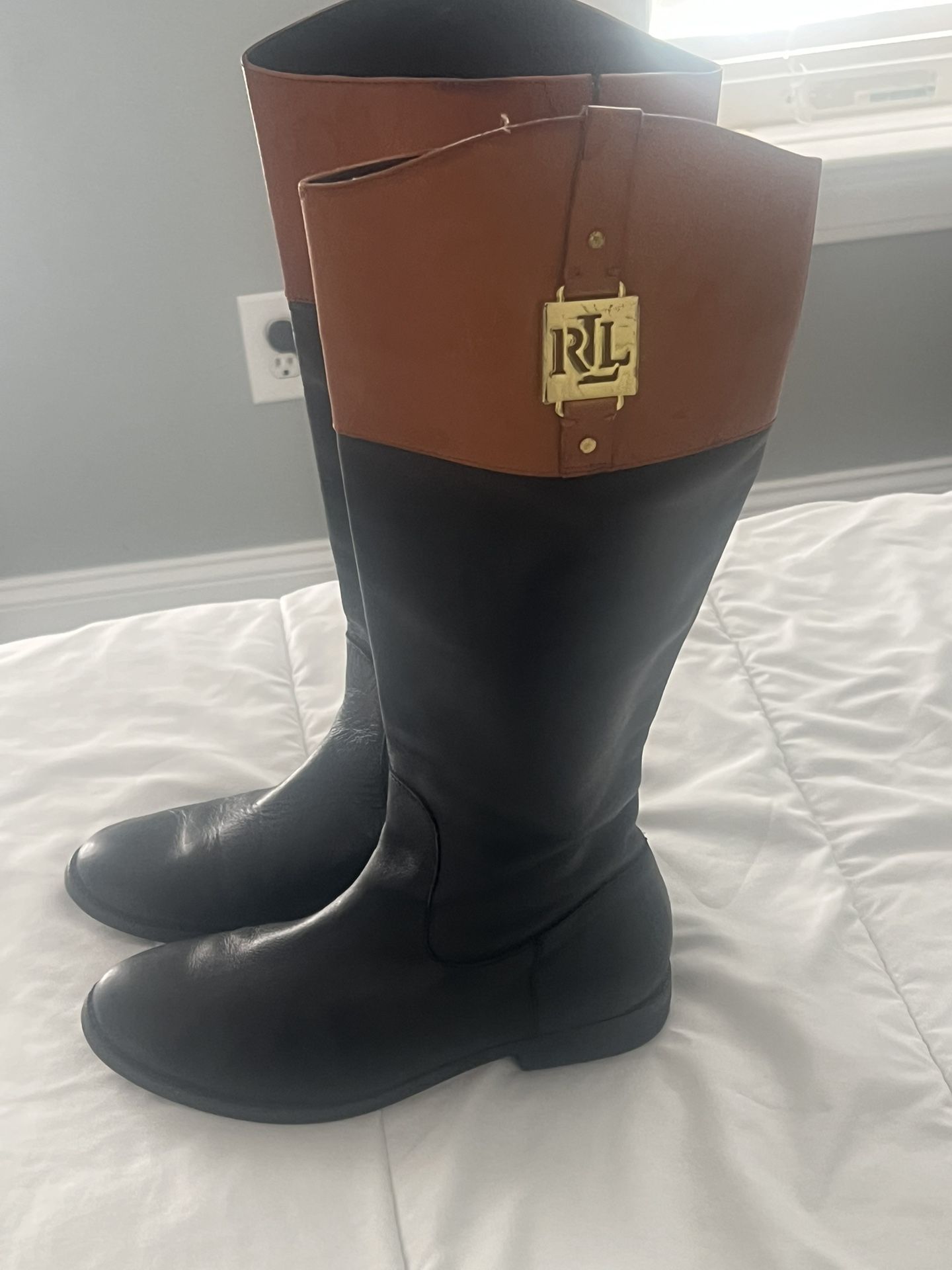 Womens Boots-LAUREN RALPH LAUREN-black/brown "Jaden" leather Equestrian-