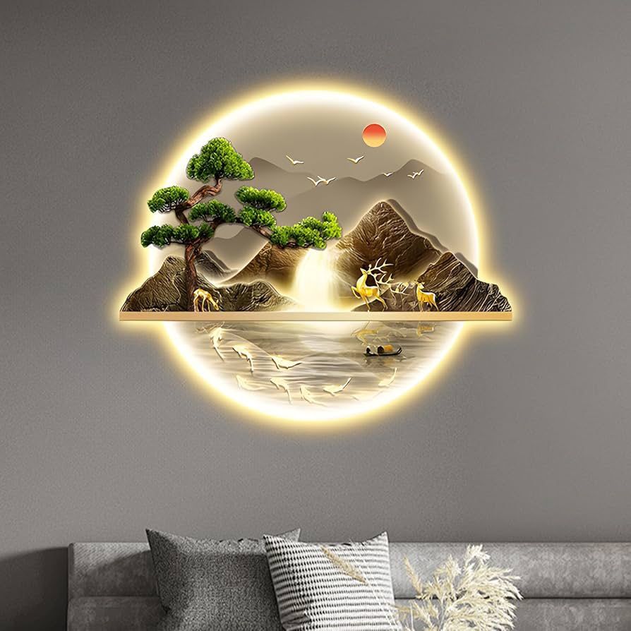 zyiesrsq Zen Wall Art Decor with Led Light, Welcoming Pine Wall Decor Art, 3D Wall Sculpture Painting Decoration, Landscape Wall Sculptures for Living