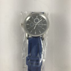 Men’s Silver-Tone Watch with Blue Rubber Strap — Black Dial, Multi-Function Subdials, New / Unworn