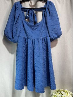 Free People Violet Women's Mini Dress L Blue Square Neck Puff Sleeve Tie Back
