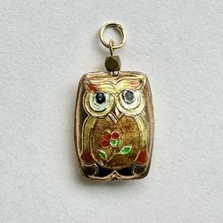 🦉 Beautiful new yellow & multicolor cloisonné owl charm beaded pendant