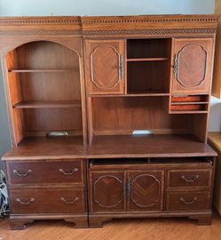 Solid wood desk, hutch, file cabinet, shelves, keyboard drawer
