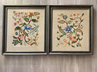 Set of Two 20th century wonderful crewelwork embroidered Jacobean style  Revival panels