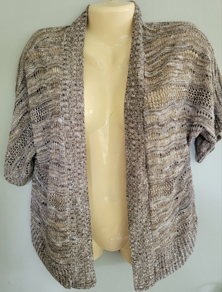 Women's Open Cardigan XL Brown Loose Weave Short Sleeve