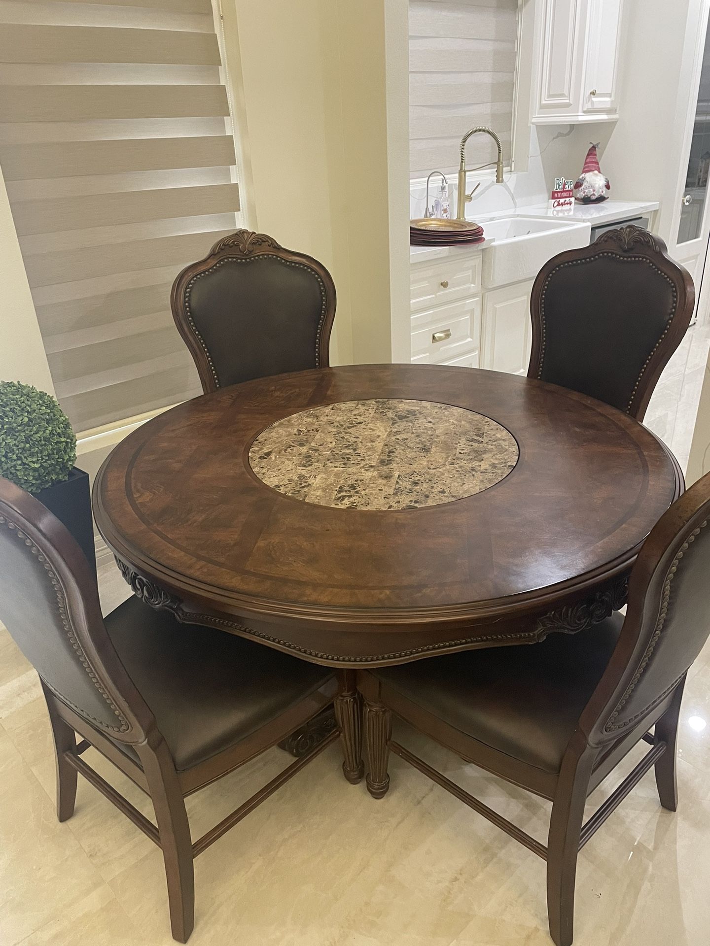 Solid Wood Breakfast Table With Spinning Marble Top 