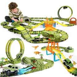 430PCS Dinosaur Race Track Toy Set, Dinosaur World Flexible Train Track