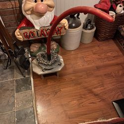 Country Primitive Long Red Candle with holder and wood stool