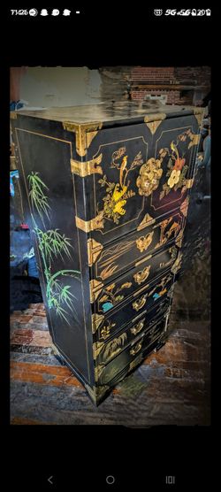 Black Lacquer Chinese Cabinet with Hand-Painted Motifs