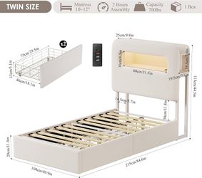 Twin LED Bed Frame with Storage Headboard and Charging Station, Kids Bed Frame with 2 Drawers and USB Ports, Velvet Upholstered Platform Bed Frame wit