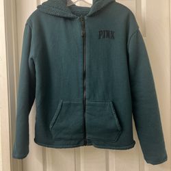 Victoria Secret Pink Women’s Reversible Jacket XS Green Sherpa Full Zip Hooded