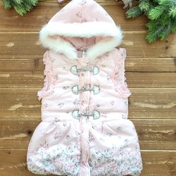 SIZE 6X GIRLS PINK & WHITE FAUX FUR TRIM HOODED FLORAL PUFFER VEST