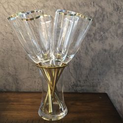 Champagne Bouquet Vase Gold 6 Hand Blown Footless Toasting Flutes Bridal