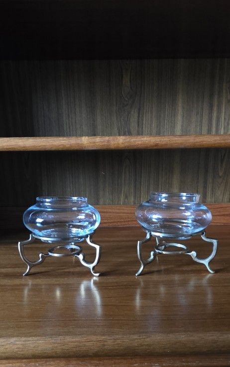 Set Of Two Glass Votive Candle Holders With Ornate Brass Stands 