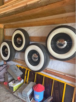 Brand me 15” Firestone wide white wall tires with new rims