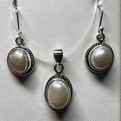 Pearl Necklace & Earring Set Sterling Silver 925