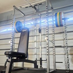 <<FREE DELIVERY>>  SQUAT RACK  + ADJUSTABLE BENCH + OLYMPIC WEIGHT PLATES + OLYMPIC BARBELL