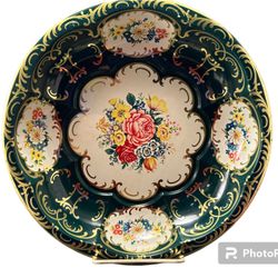 Vintage 1971 Daher Decorated Ware Green & Gold Round Tin Floral Bowl 10.25”