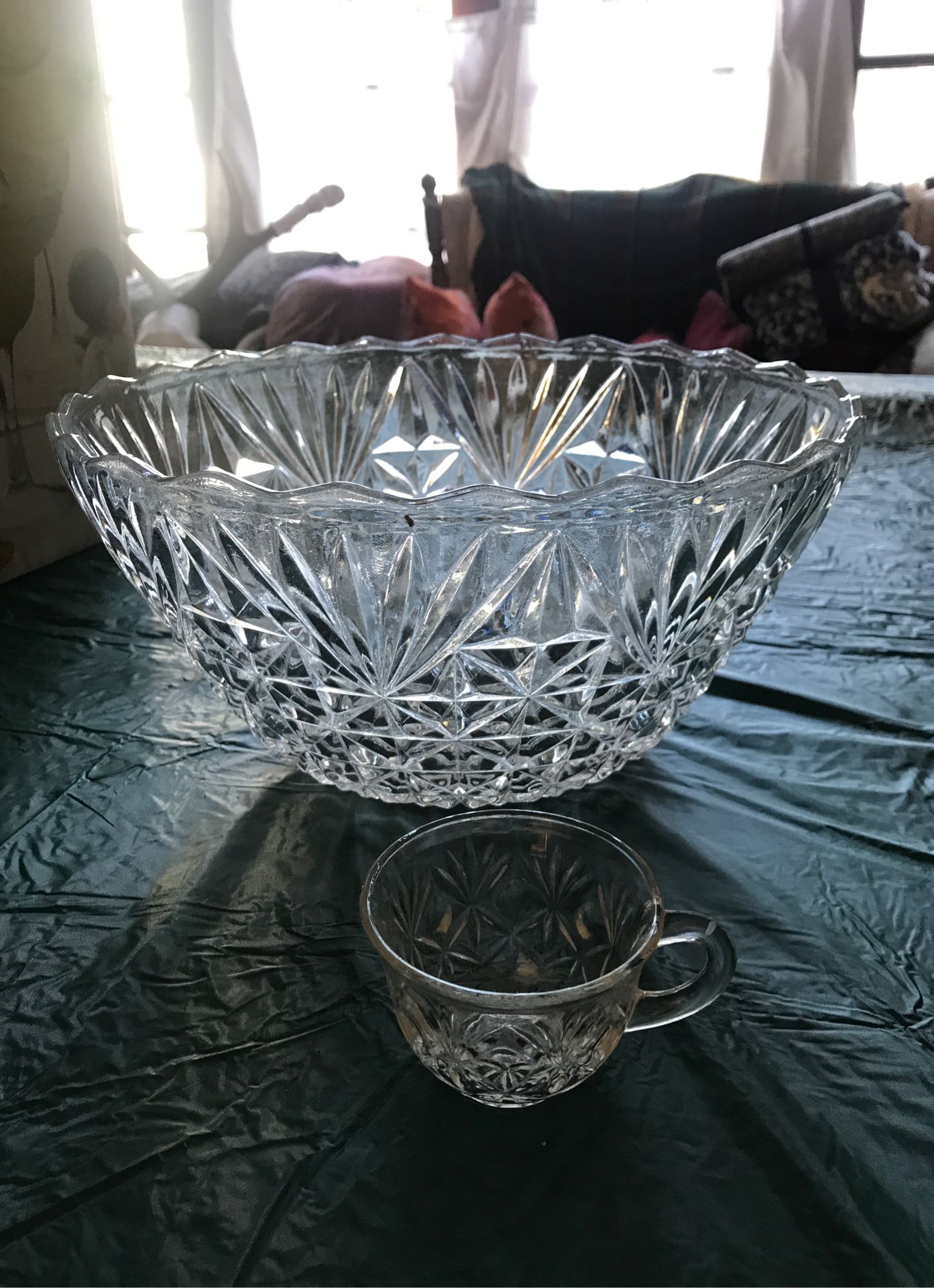 Vintage Anchor Hocking Glass Punch Bowl with 12 Cups