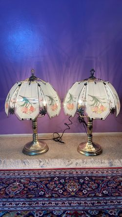 Vintage 90s Brass & Glass Panel 3-Way Touch Lamps – Matching Pair