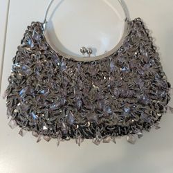 Silver Beaded Etched Top Handle Evening Bag in Mink 