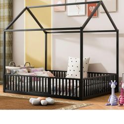 Merax Full Size Montessori Floor Bed, Metal House Bed Frame with Roof for Kids, Teens, Girls