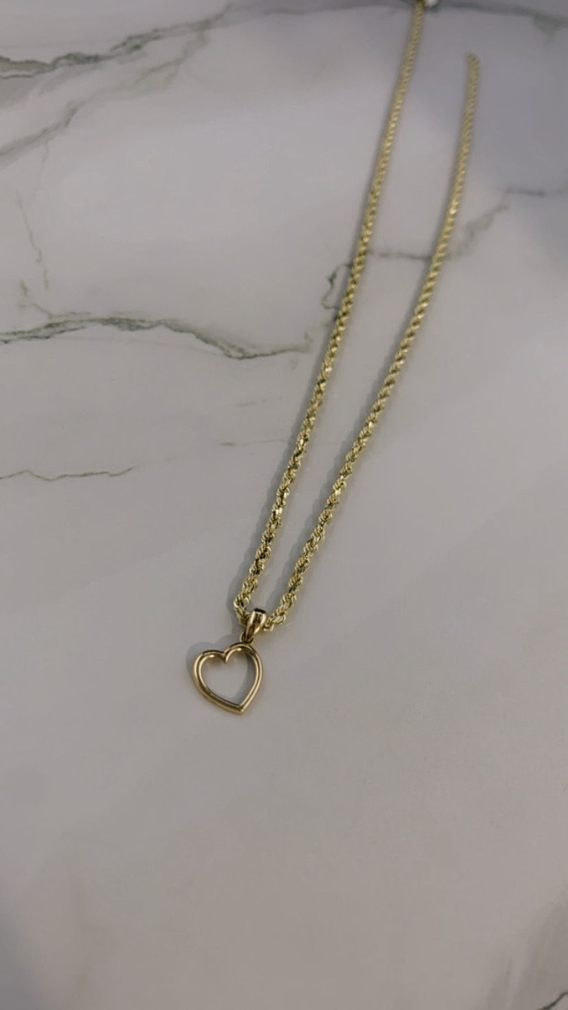 14k Gold Rope Necklace And Heart Pendant