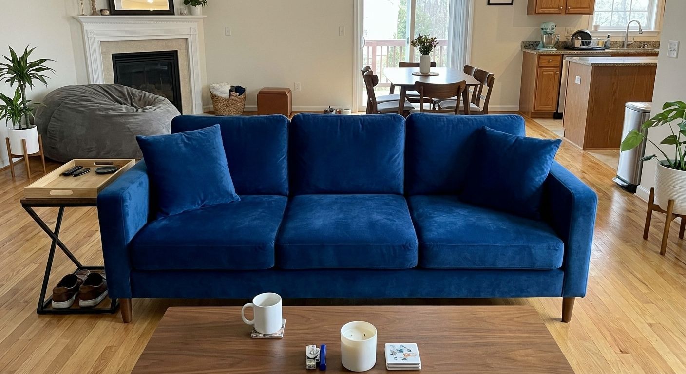 Royal Blue Velvet Futon Sofa – Good Condition