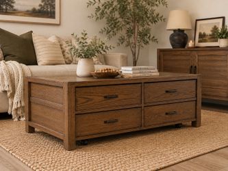 4-Drawer Wood Coffee Table on Casters – $250