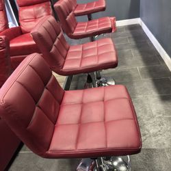 6 (PCS) Red Manual Recliners And 4 Bar Stools