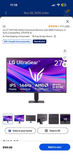 Gaming monitor - LG 27" IPS FHD 144Hz Overclock Monitor with AMD FreeSync G-Sync Compatible, 27G411A-B