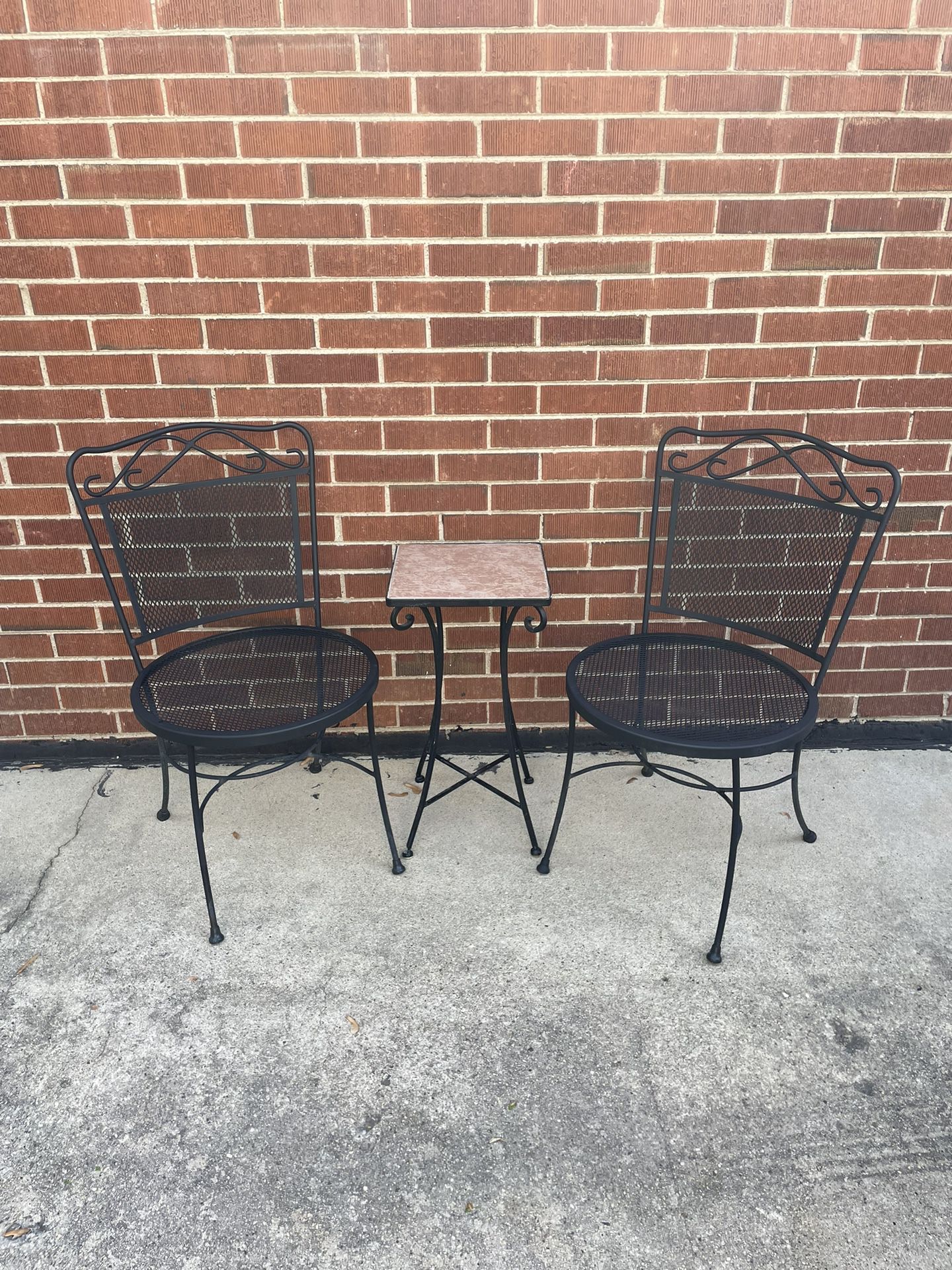 Patio Bistro Set 2 Wrought Iron Chairs Table Marble Top