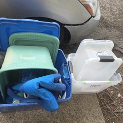 Storage Totes, 2 ceramic mugs, set of Lg Cooking Utensils 