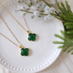 Green Clover pendant Genuine Jade Necklaces 18K Gold plated New