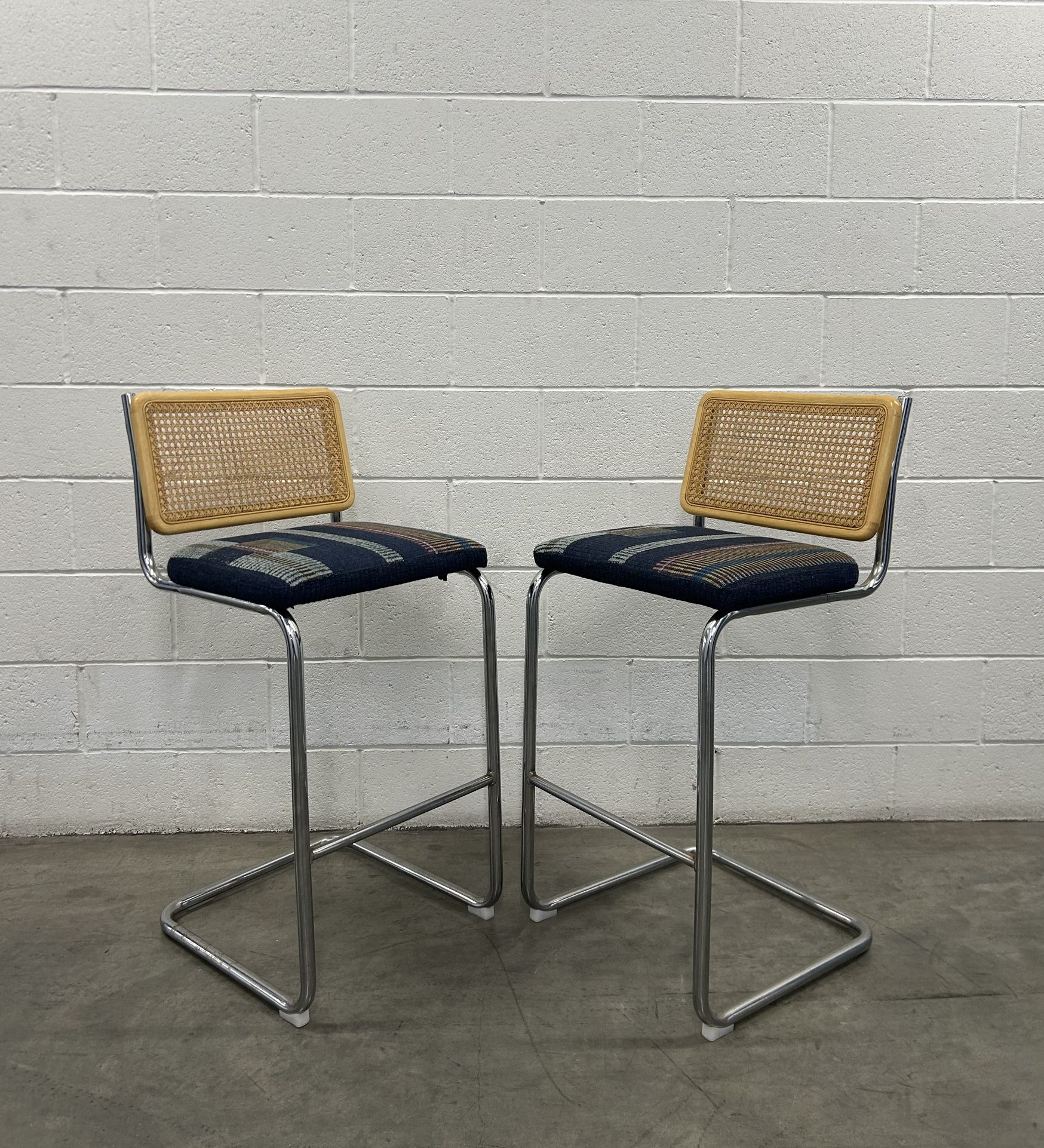 Vintage Mid Century Modern Cane Cesca Cantilever Blue Chairs Counter Stools Barstools Set of 2
