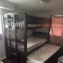 Wood Bunk Bed With Trundle. Comes With All Three Mattress Still In Plastic 