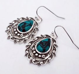 Vintage Green Turquoise S925 Sterling Silver Drop Earrings