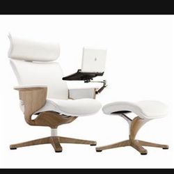 NUVEM white Leather Reclining Office Chair With Ottomen And Computer Desk  
