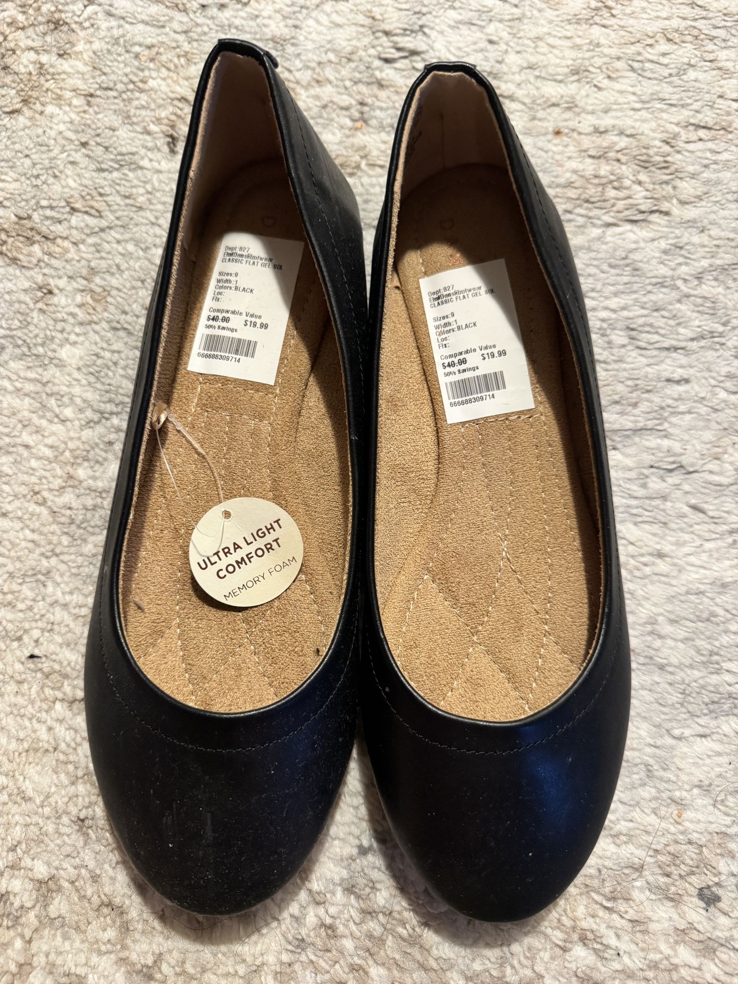 Danskin Poise Black Leather Flats With Memory Foam