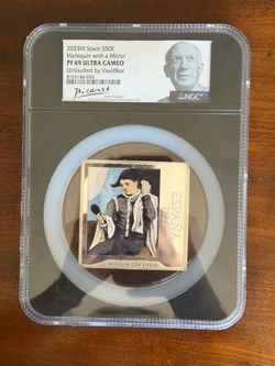 4.3 oz silver - 2023M Spain S50E HARLEQUIN WITH A MIRROR 4.3 oz Silver Coin PF 69 UCAM