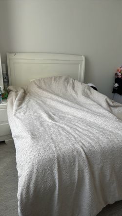 White queen bed frame with headboard and drawers